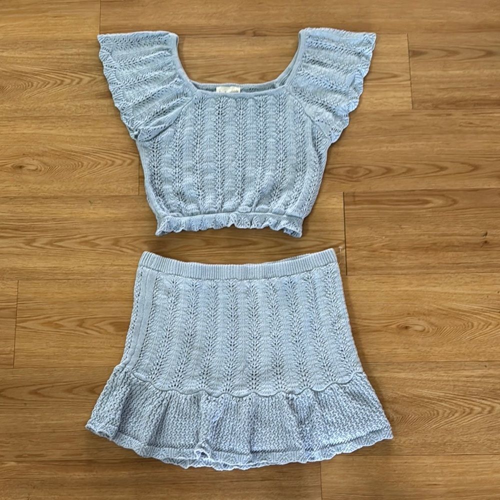 Freshman 1996 Women's Crochet Knit Top Skirt Set XL Ice Blue Boho Vacation New